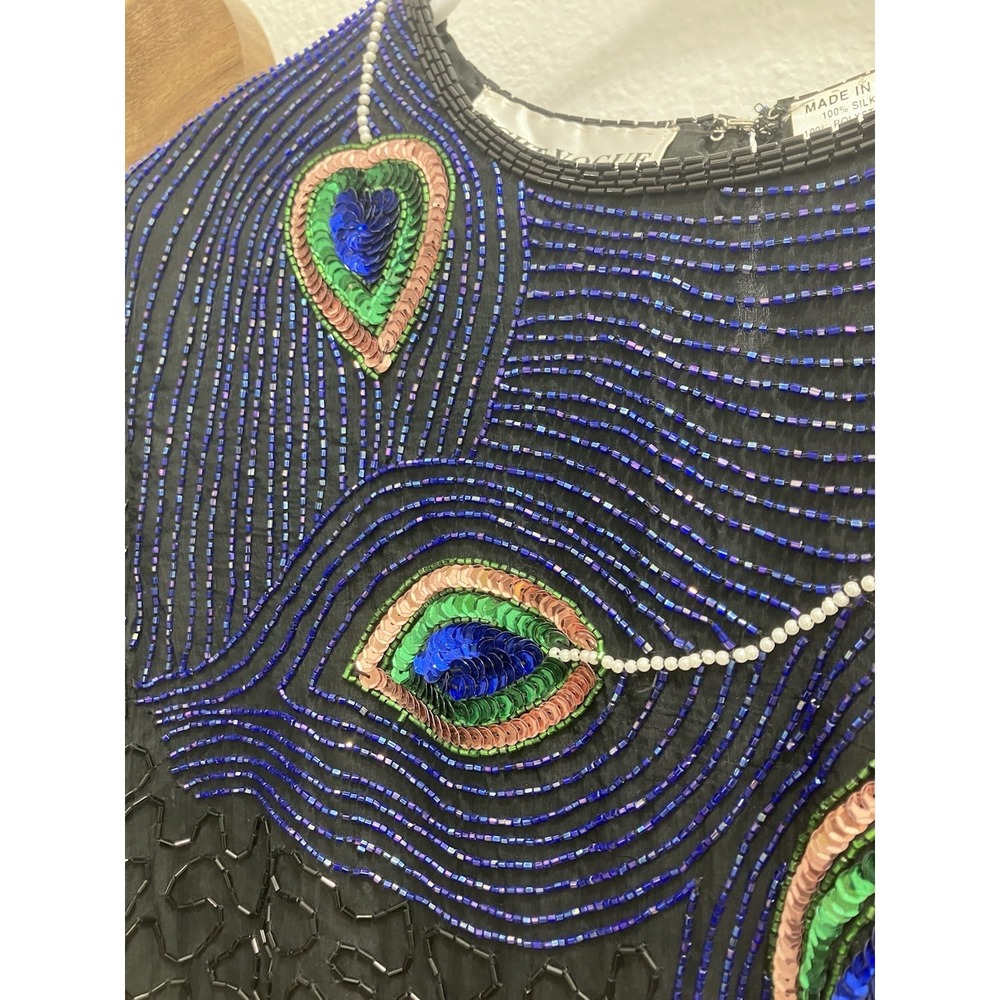 Vintage Night Vogue Sequined Beaded Black Blouse 100% Silk Peacock - Picture 3 of 10